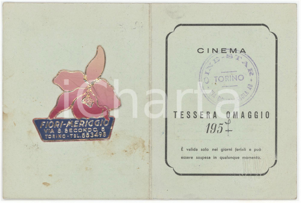 1957 TORINO Cinema CINESTAR Tessera omaggio 8x11 cm Tessera d'epoca.Con pubblicit&agrave; Fiori Meriggio di Torino, Via S. Secondo 5. GOOD/buono Macchie al verso. Formato: 8x11 cm originale e autentica 1