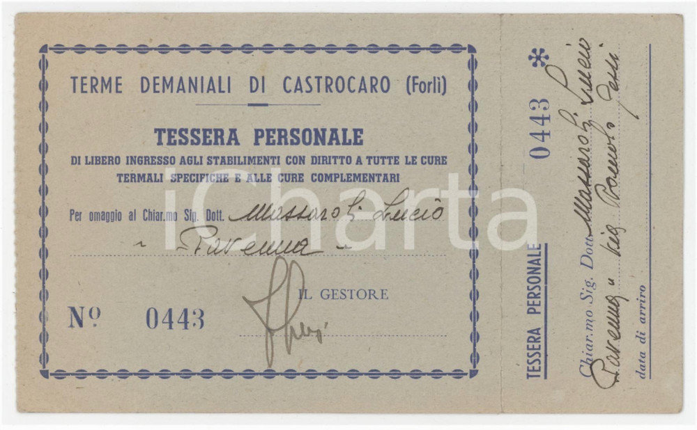 1920 ca CASTROCARO Terme demaniali - Tessera personale con talloncino 14x8 cm Tessera d'epoca, con talloncino. GOOD/buono  Formato: 14x8 cm originale e autentica 1