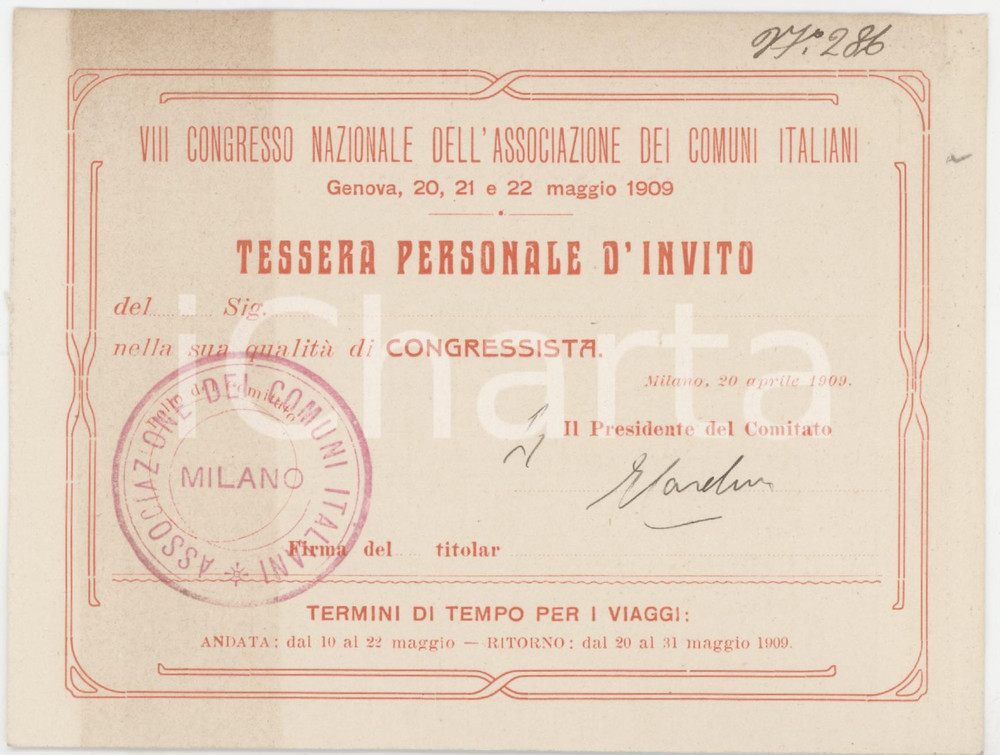 1909 GENOVA VIII Congresso Comuni Italiani - Tessera congressista Comune MILANO Tessera d'epoca.  POOR/danneggiato Estese bruniture, piegature agli angoli Formato: 14x11 cm originale e autentica 1