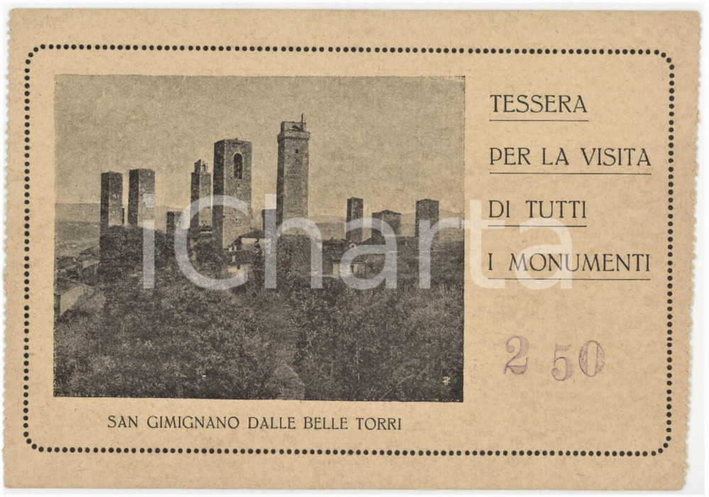 1950 ca SAN GIMIGNANO dalle belle torri - Tessera per visita monumenti 13x9 cm Tessera d'epoca. FAIR/discreto Lievi smussature agli angoli Formato: 13x9 cm originale e autentica 1