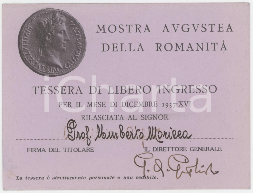 1937 ROMA Mostra augustea della romanità - Tessera di Umberto MORICCA - 12x9 cm Tessera d'epoca.   FAIR/discreto Lievi smussature agli angoli Formato: 12x9 cm originale e autentica 1