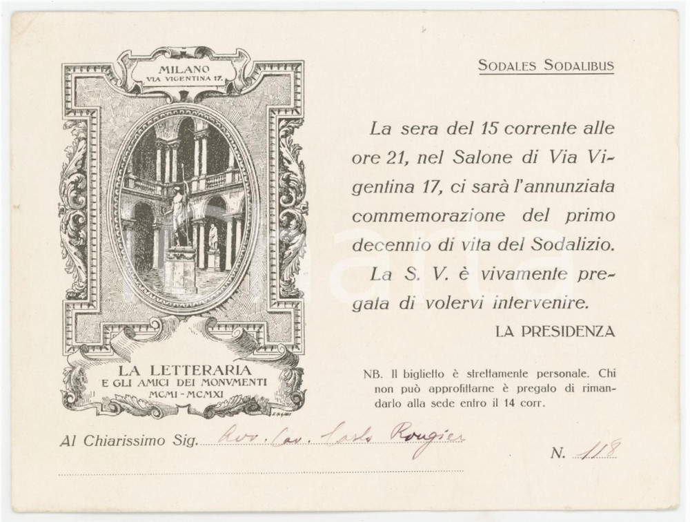 1911 MILANO Decennale associazione LA LETTERARIA Invito Avv. Carlo ROUGIER Biglietto d'epoca.   FAIR/discreto Piegatura all'angolo superiore sinistro Formato: 13x10 cm originale e autentica 1