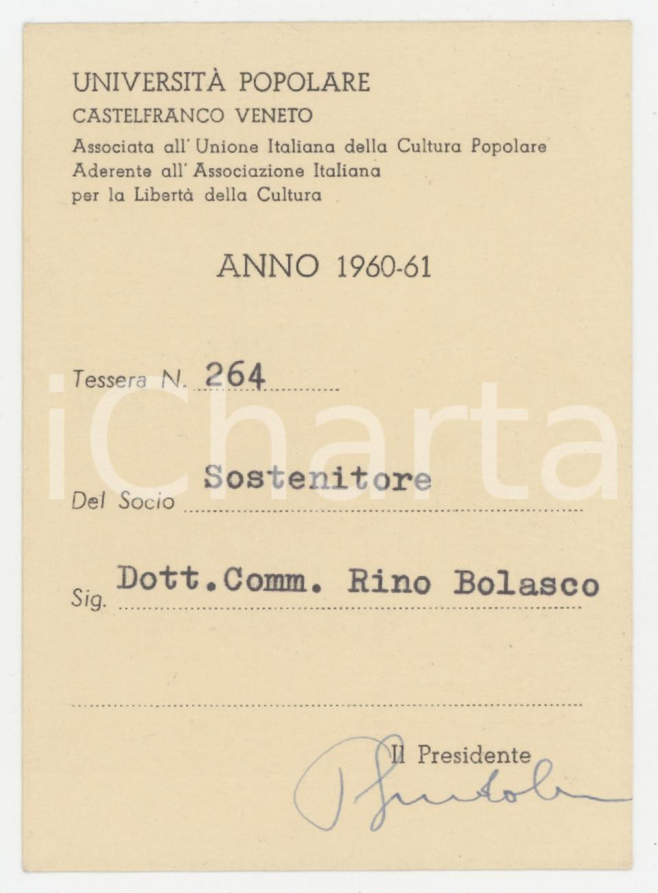 1960 CASTELFRANCO VENETO Università Popolare - Tessera di Rino BOLASCO 7x10 cm Tessera d'epoca. FAIR/discreto Lievi smussature agli angoli Formato: 7x10 cm originale e autentica 1
