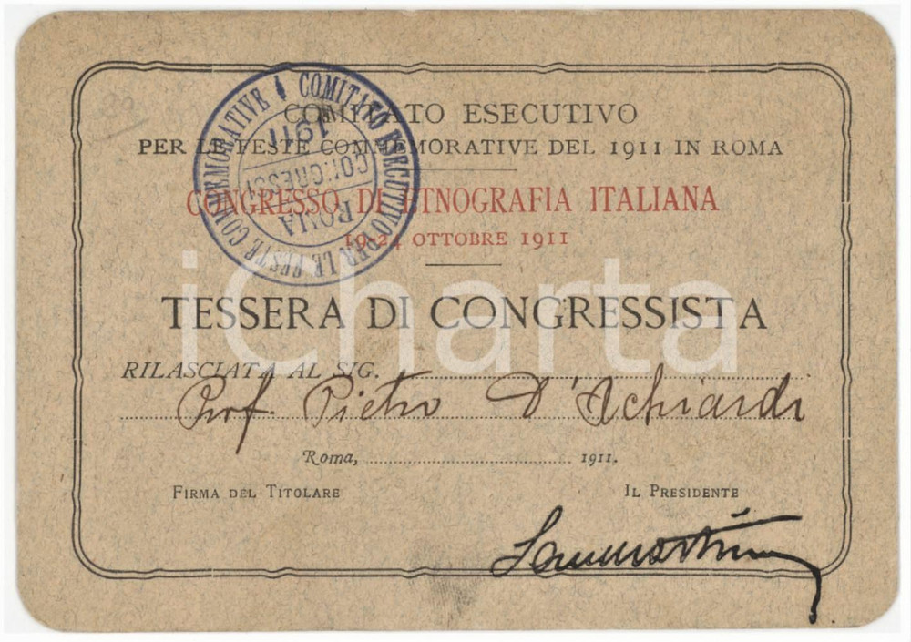 1911 ROMA Congresso di etnografia - Tessera di Pietro D'ACHIARDI 11x8 cm Tessera d'epoca. POOR/danneggiato Piegatura all'angolo superiore sinistro Formato: 11x8 cm originale e autentica 1