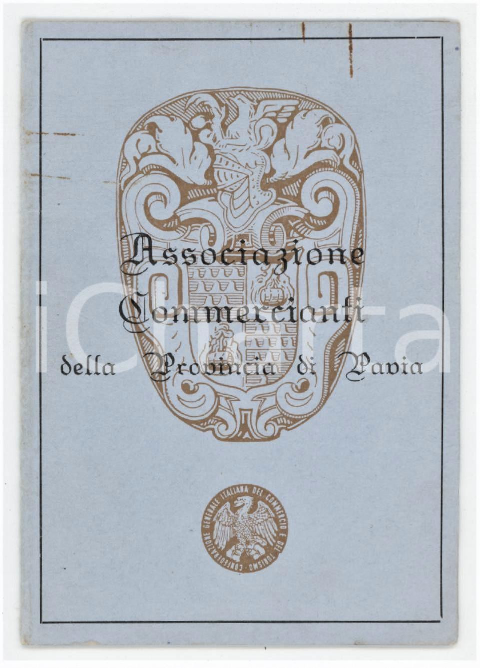 1966 PAVIA Associazione Commercianti della Provincia - Tessera 7x10 cm Tessera d'epoca. FAIR/discreto Macchie diffuse, forellini da affissione Formato: 7x10 cm originale e autentica 1