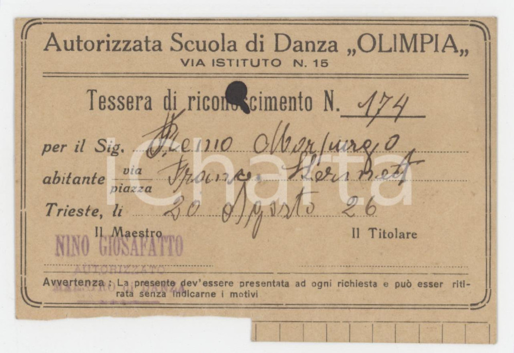 1926 TRIESTE Scuola di danza Olimpia del Maestro Nino GIOSAFATTO Tessera 10x7 cm Tessera d'epoca. FAIR/discreto Lievi smussature agli angoli Formato: 10x7 cm originale e autentica 1