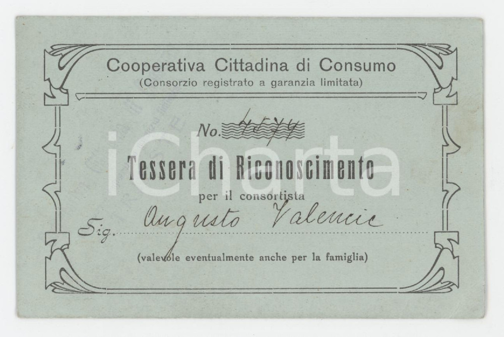 1910 ca TRIESTE Cooperativa cittadina di consumo - Tessera consortista 10x6 cm Tessera d'epoca. FAIR/discreto Lievi piegature agli angoli Formato: 10x6 cm originale e autentica 1