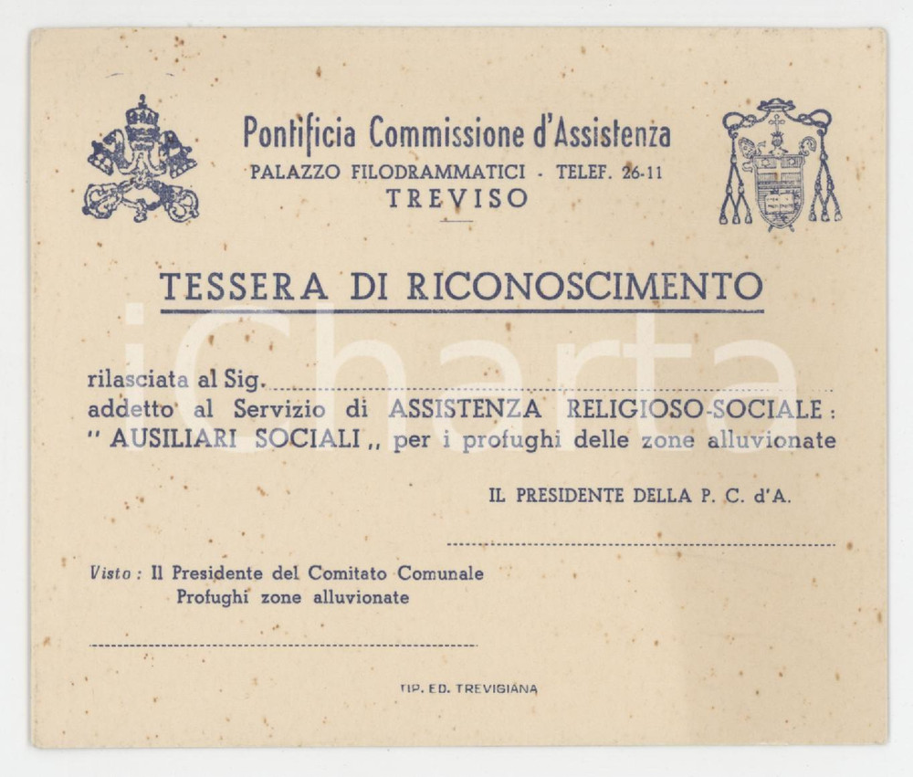 1966 ALLUVIONE DI TREVISO Pontificia commissione d'assistenza - Tessera 10x9 cm Tessera d'epoca. FAIR/discreto Piccole macchie al recto Formato: 10x9 cm originale e autentica 1