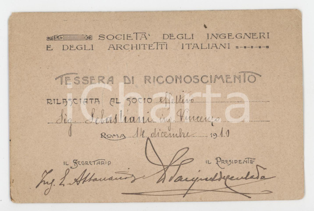 1910 Società Ingegneri e Architetti italiani - Tessera Ing. Vincenzo SEBASTIANI Tessera d'epoca. FAIR/discreto Lievi smussature agli angoli Formato: 11x7 cm originale e autentica 1