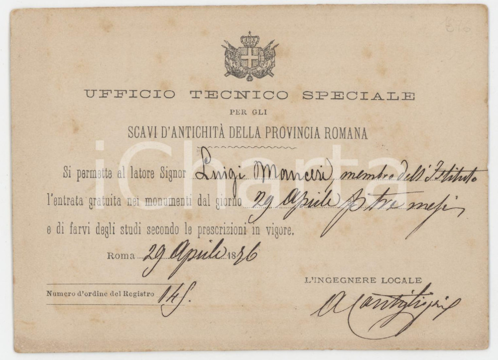 1896 ROMA Ufficio per gli scavi d'antichità della provincia romana - Tessera Tessera d'epoca. FAIR/discreto Bruniture, smussature agli angoli, piegatura all'angolo inferiore destro Formato: 12x8 cm originale e autentica 1