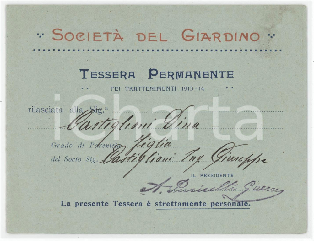 1913 MILANO Società del Giardino - Tessera e programma divertimenti 11x9 cm Tessera d'epoca. FAIR/discreto Lievi smussature agli angli Formato: 11x9 cm originale e autentica 1