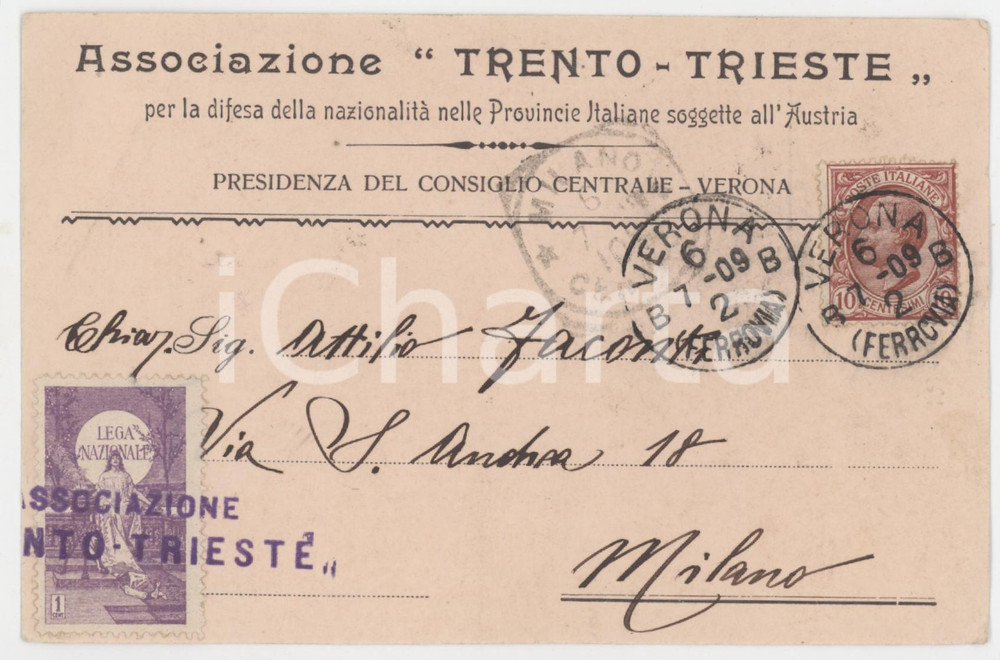 1909 VERONA Associazione TRENTO - TRIESTE Cartolina di iscrizione FP VG Cartolina d'epoca, viaggiata. FAIR/discreto Smussature agli angli Formato: 13x9 cm originale e autentica 1