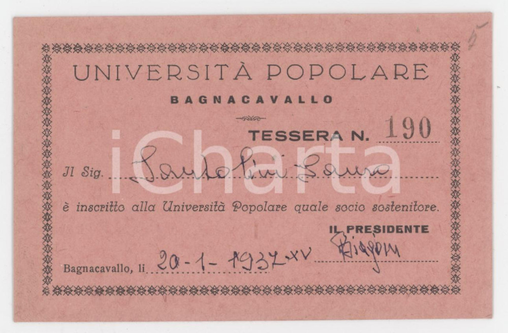 1937 BAGNACAVALLO Università Popolare - Tessera 10x6 cm Tessera d'epoca.  FAIR/discreto Lievi smussature agli angli Formato: 10x6 cm originale e autentica 1