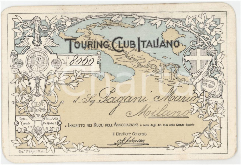 1905 ca MILANO Touring Club Italiano TCI Tessera 10x7 cm Tessera d'epoca.  FAIR/discreto Lievi smussature agli angli Formato: 10x7 cm originale e autentica 1