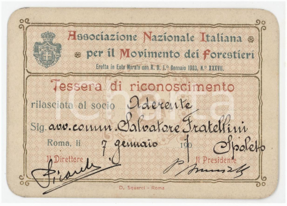 1910 ROMA Associazione per il movimento dei forestieri - Tessera 10x7 cm Tessera d'epoca. FAIR/discreto Lievi smussature agli angoli Formato: 10x7 cm originale e autentica 1