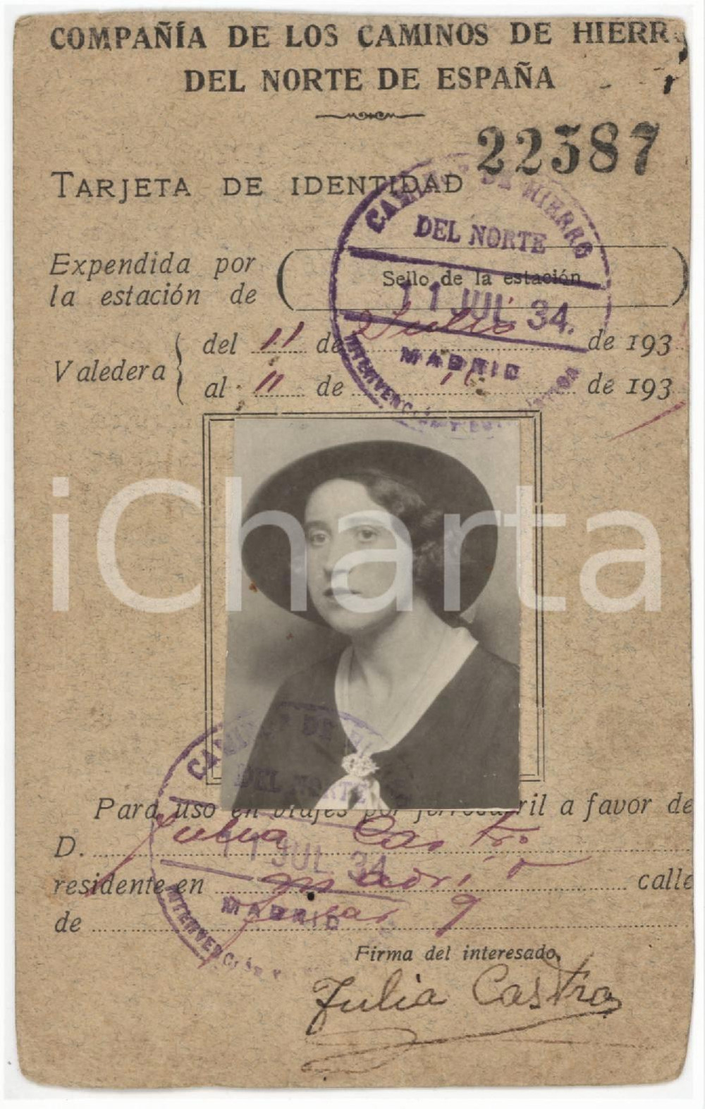 1934 MADRID Caminos de hierro del Norte de España - Tarjeta de identidad 8x13 cm Tessera d'epoca.  POOR/danneggiato Margini rifilati a mano, smussature agli angoli Formato: 8x13 cm originale e autentica 1