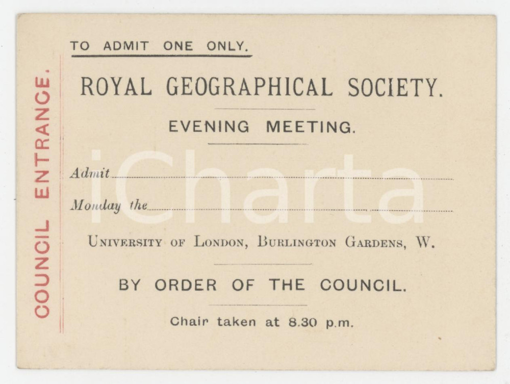 1935 ca UNIVERSITY OF LONDON Royal Geographical Society - Council entrance Tessera d'epoca.  FAIR/discreto Lievi smussature agli angoli Formato: 10x7 cm originale e autentica 1