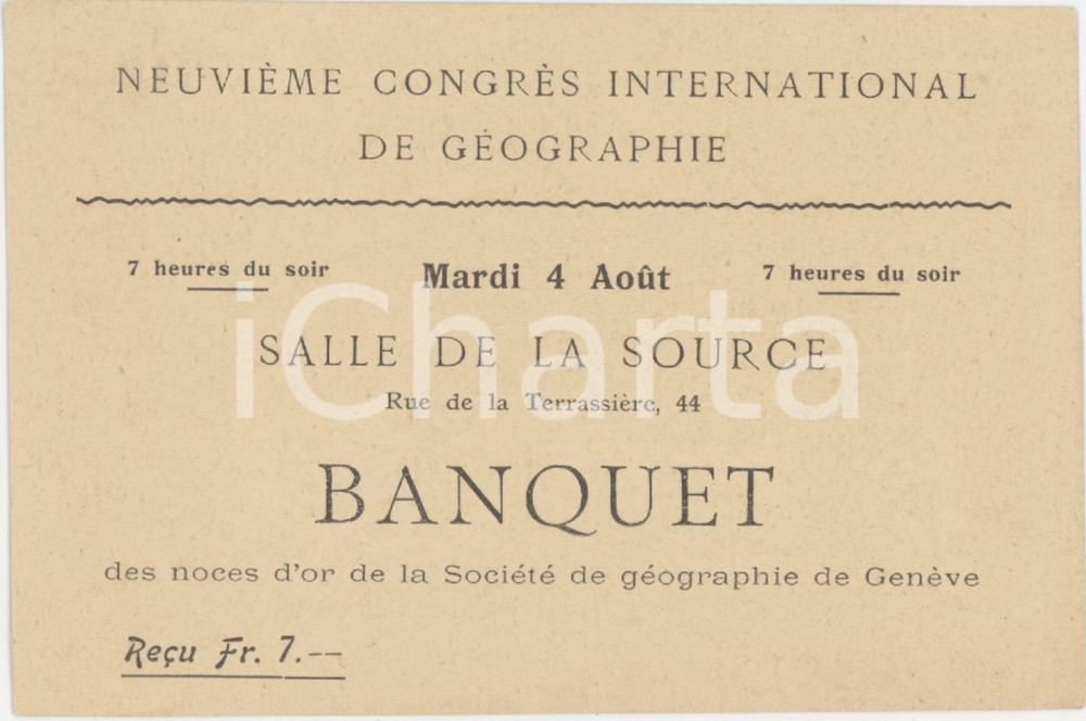 1910 ca SALLE-LA-SOURCE Banquet de la Société de géographie de Genèeve Biglietto d'epoca.  FAIR/discreto Lievi smussature agli angoli Formato: 12x8 cm originale e autentica 1