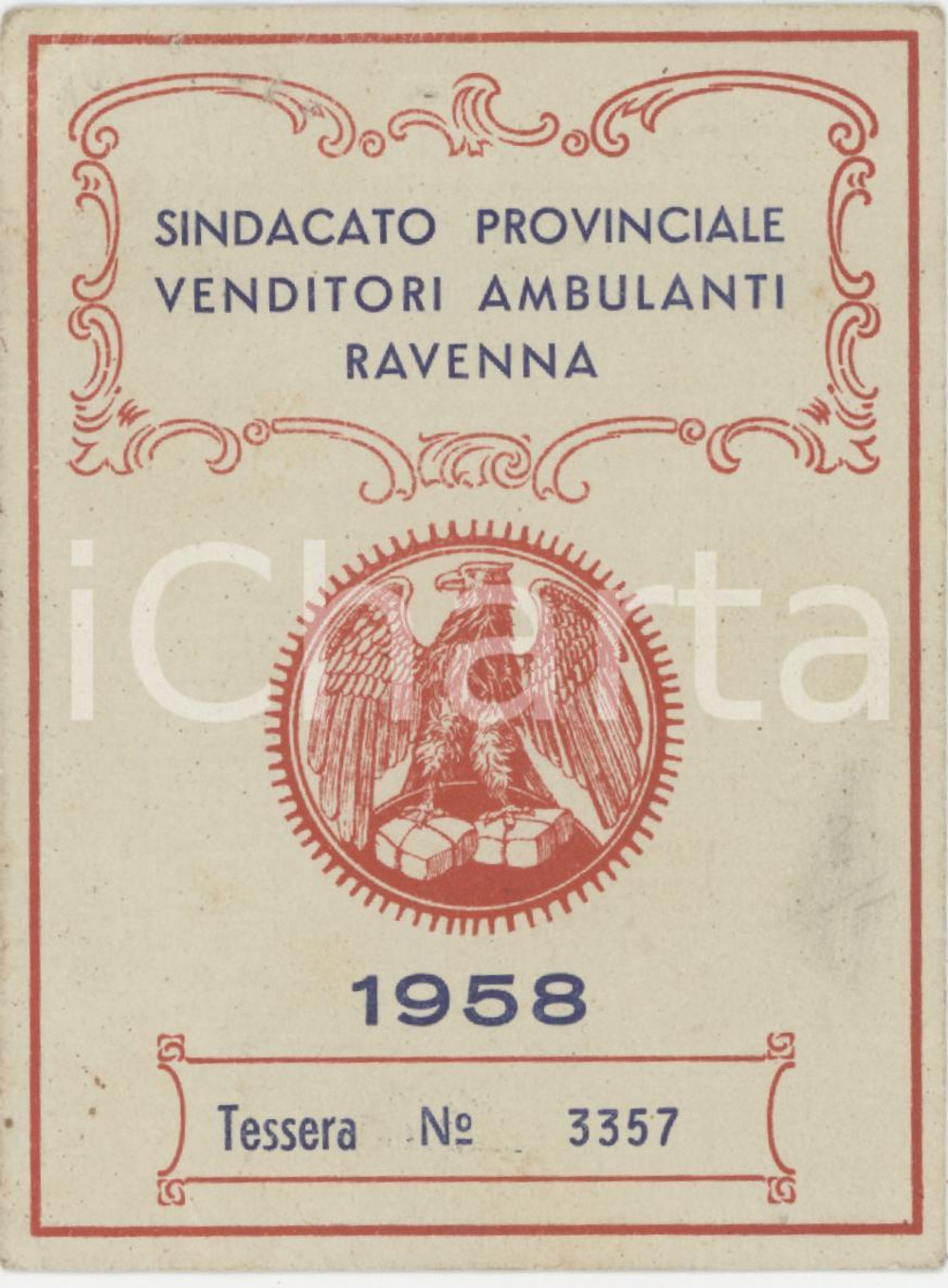 1958 LUGO Sindacato provinciale venditori ambulanti RAVENNA Tessera 7x10 cm Tessera d'epoca.  FAIR/discreto Lievi piegature agli angoli Formato: 7x10 cm originale e autentica 1