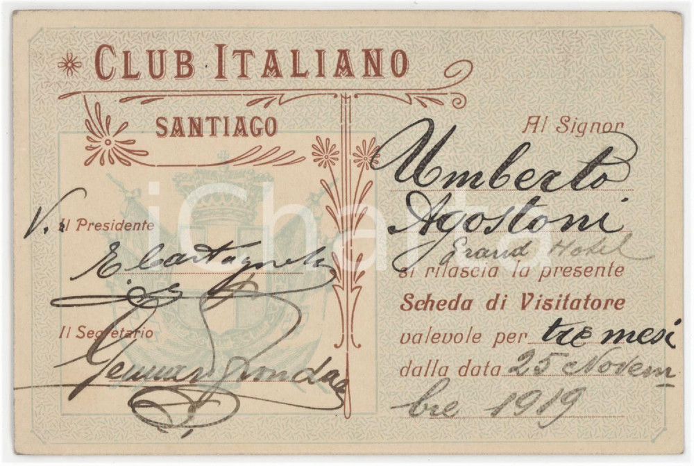 1919 SANTIAGO DE COMPOSTELA Club Italiano - Scheda di visitatore - Tessera 12x8 Tessera d'epoca.  FAIR/discreto Lievi smussature agli angoli Formato: 12x8 cm originale e autentica 1