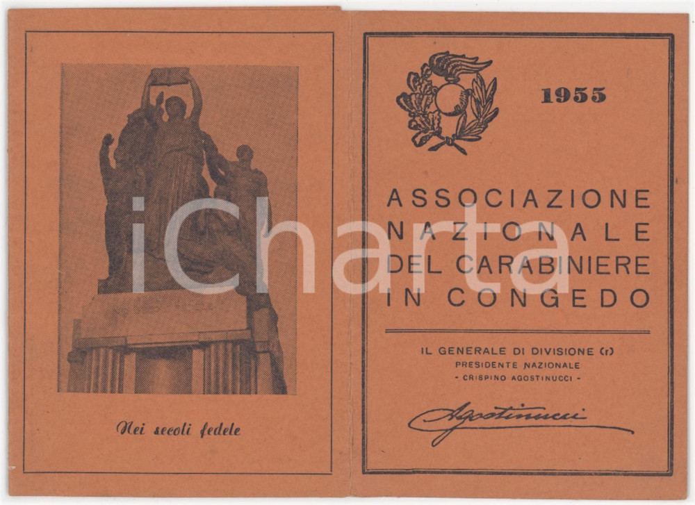 1955 SAVONA Associazione del carabiniere in congedo - Tessera 7x10 cm Tessera d'epoca.  FAIR/discreto Lievi smussature agli angoli Formato: 7x10 cm originale e autentica 1