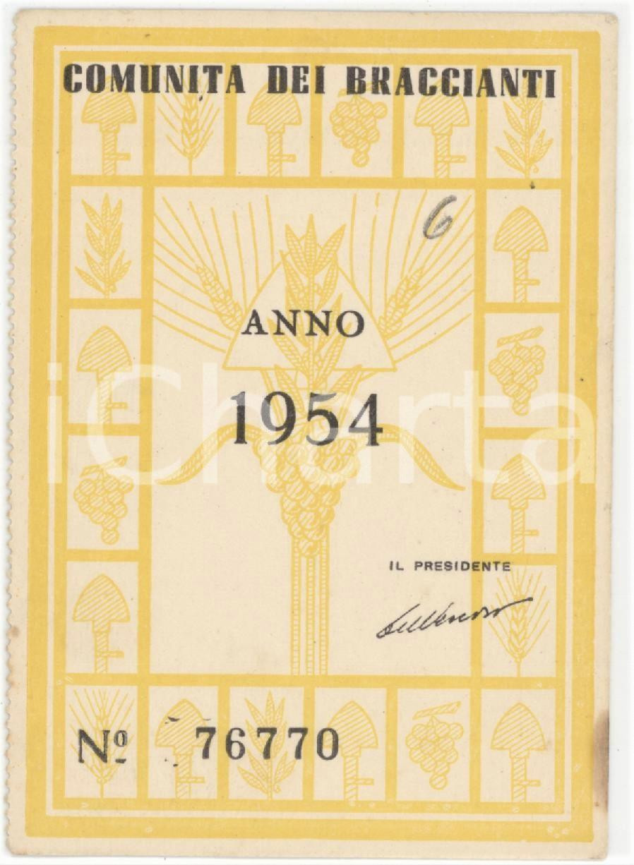 1954 ATELLA Comunità dei braccianti - Tessera 8x11 cm Tessera d'epoca.  FAIR/discreto Alone al margine destro Formato: 8x11 cm originale e autentica 1