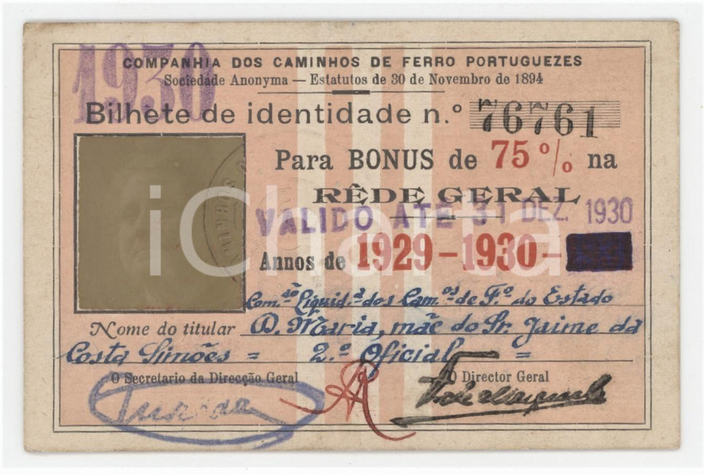1929 PORTUGAL Companhia caminhos de ferro portuguezes - Bilhete de identidade Tessera d'epoca.  FAIR/discreto Lievi smussature agli angoli, piccole macchie Formato: 10x7 cm originale e autentica 1