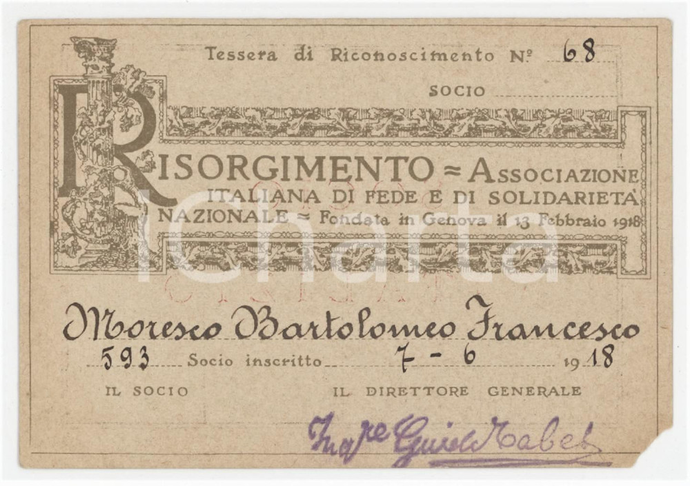 1918 GENOVA Associazione RISORGIMENTO Tessera Francesco Bartolomeo MORESCO 11x8 Tessera d'epoca.  POOR/danneggiato Angolo inferiore destro mancante, bruniture Formato: 11x8 cm originale e autentica 1