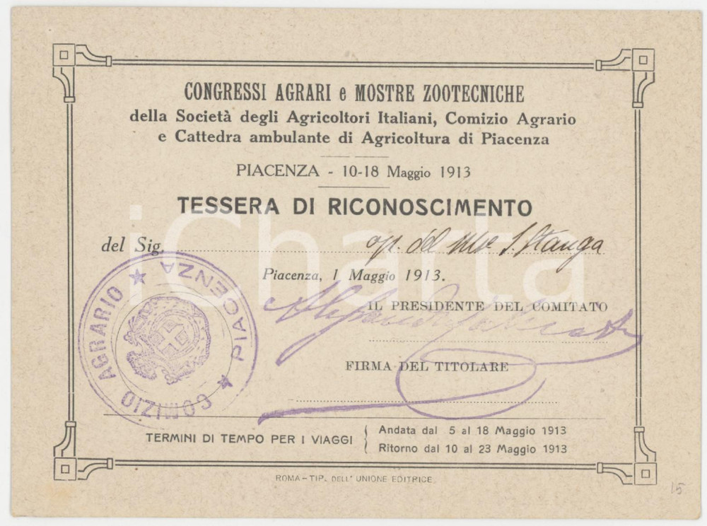 1913 PIACENZA Congressi agrari e mostre zootecniche - Tessera 12x9 cm Tessera d'epoca.   FAIR/discreto Bruniture diffuse Formato: 12x9 cm originale e autentica 1