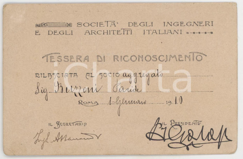 1910 ROMA Società Ingegneri e Architetti italiani - Tessera 11x7 cm Tessera d'epoca.  FAIR/discreto Lievi smussature agli angoli Formato: 11x7 cm originale e autentica 1