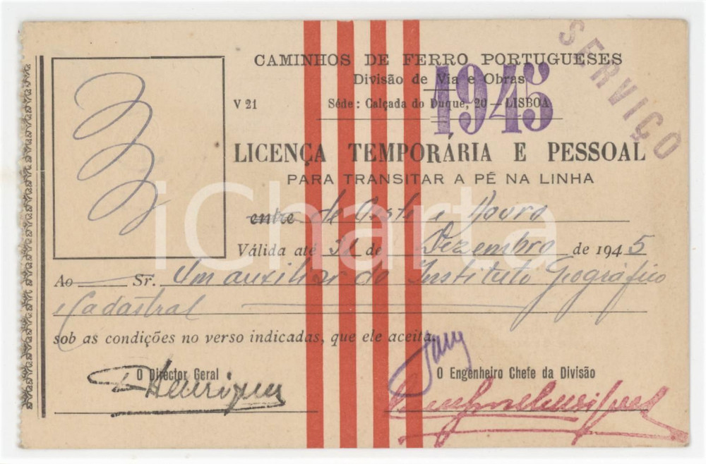 1945 PORTUGAL Caminhos de ferro portugueses - Divisao de VIA e OBRAS Licenca Tessera d'epoca.   FAIR/discreto Lievi smussature agli angoli Formato: 12x8 cm originale e autentica 1