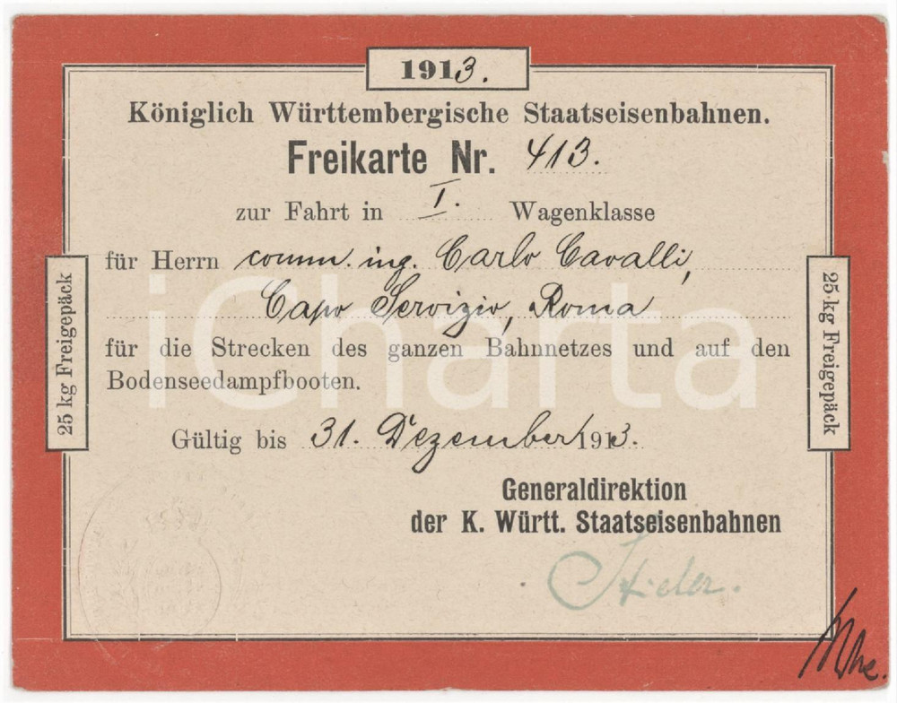 1913 Königlich Württembergische Staatseisenbahnen - Freikarte Carlo CAVALLI FFSS Tessera d'epoca.   FAIR/discreto Lievi smussature agli angoli, taglio in prossimità del timbro a secco Formato: 12x9cm originale e autentica 1