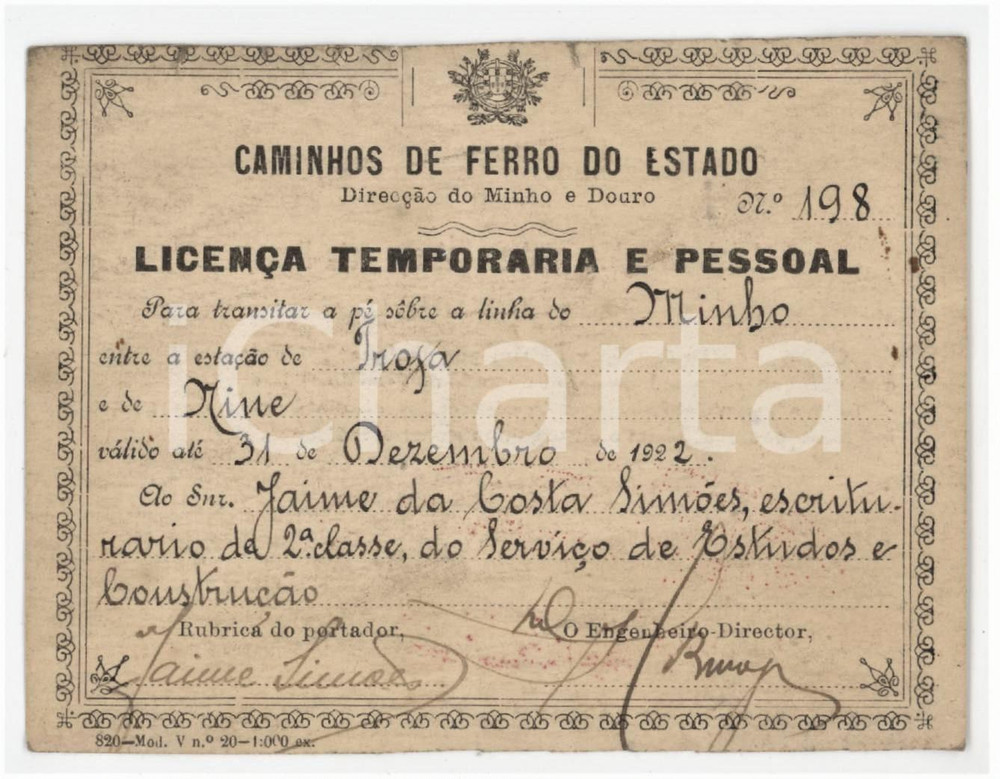 1910 ca PORTUGAL Caminhos de ferro do estado - Direccao do MINHO e DOURO Licenca Tessera d'epoca.   POOR/danneggiato Margine superiore rifilato a mano, bruniture diffuse, piccolo strappo al margine superiore Formato: 10x8 cm originale e autentica 1