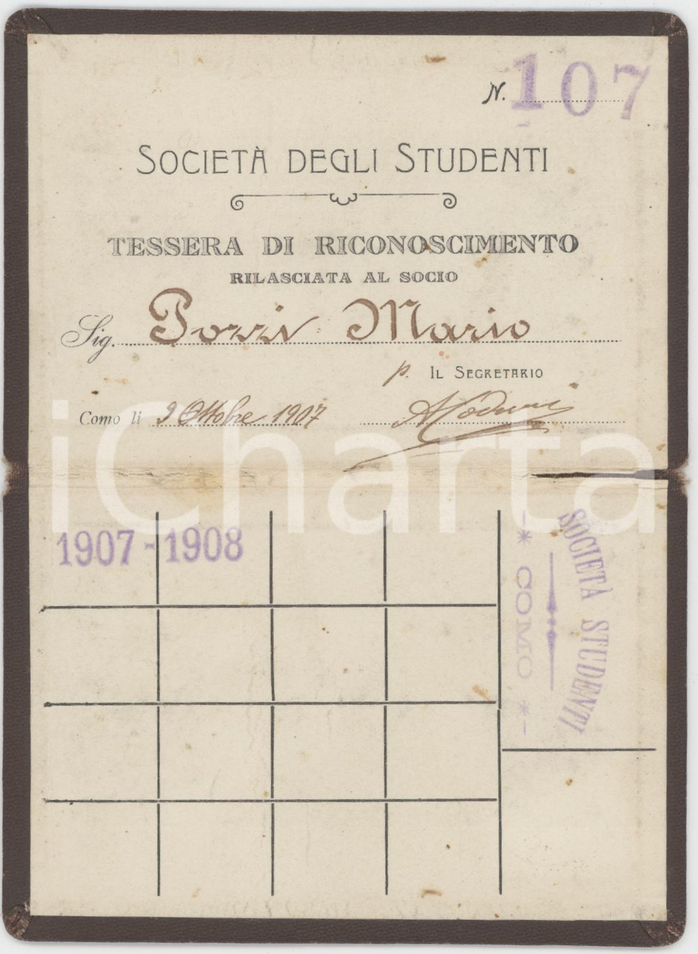 1907 COMO Società degli studenti - Tessera di riconoscimento 10x7 cm Tessera d'epoca.  FAIR/discreto Lievi smussature e piccole abrasioni Formato: 10x7 cm originale e autentica 1