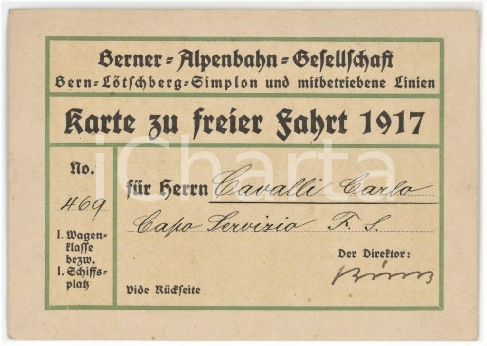 1917 BERN Berner alpenbahn gesellschaft - Karte zu freier fahrt 11x8 cm Tessera d'epoca.  FAIR/discreto Bruniture diffuse Formato: 11x8 cm originale e autentica 1