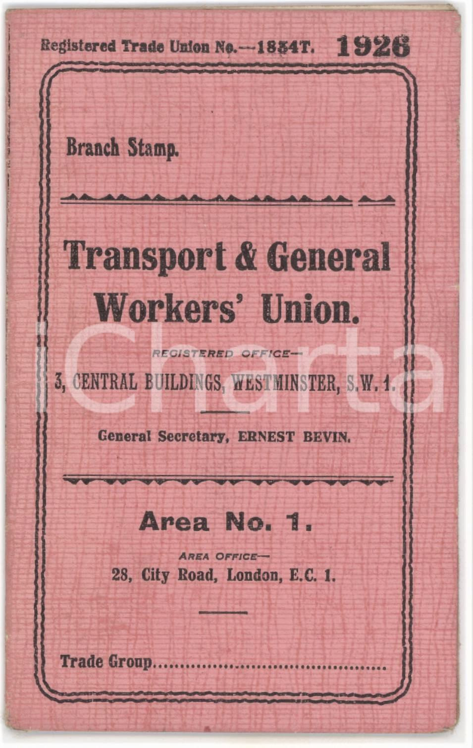 1926 LONDON Transport & General Worker's Union - Area no. 1 - Card 7x12 cm Tessera d'epoca.  FAIR/discreto Lievi smussature agli angoli Formato: 7x12 cm originale e autentica 1