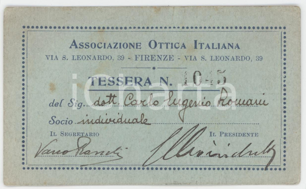 1930 FIRENZE Associazione Ottica Italiana - Tessera 10x6 cm Tessera d'epoca.  FAIR/discreto Bruniture diffuse Formato: 10x6 cm originale e autentica 1