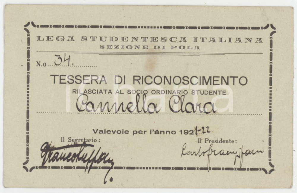 1921 POLA Lega studentesca italiana - Tessera di riconoscimento 10x6 cm Tessera d'epoca.  FAIR/discreto Lievi gualciture e residuo di incollatura al verso Formato: 10x6 cm originale e autentica 1