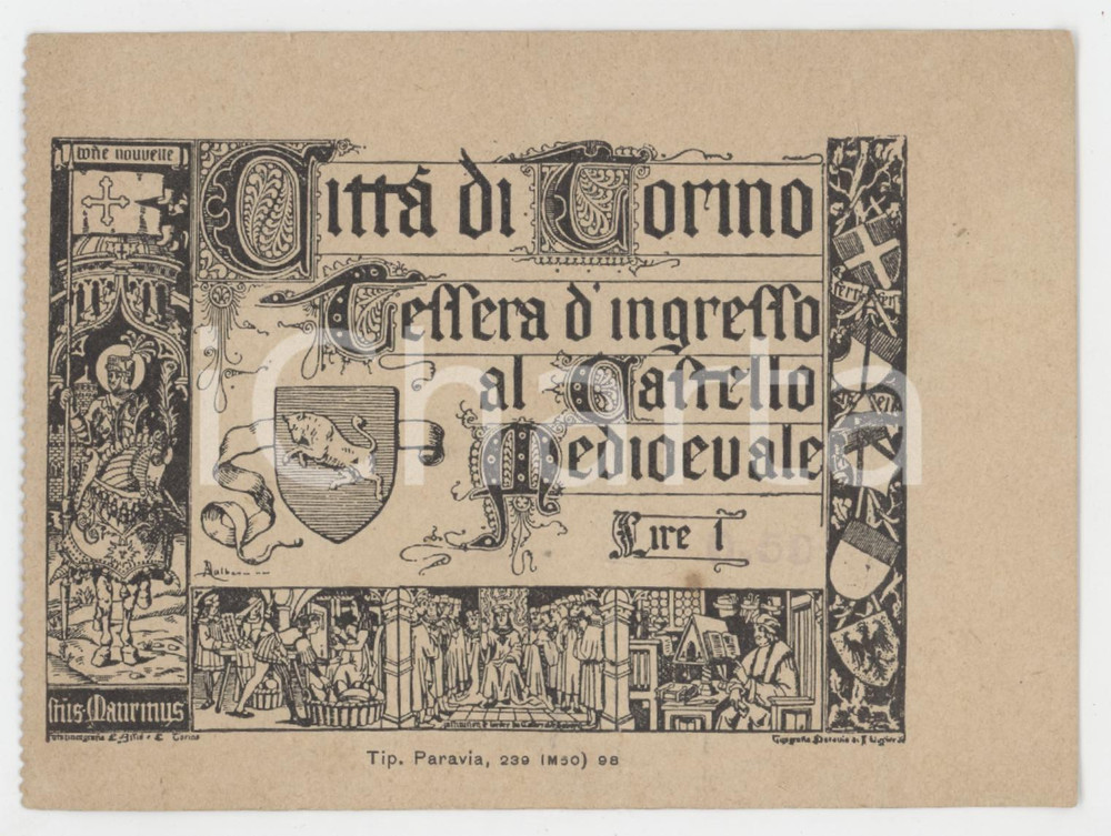 1911 TORINO Esposizione Universale - Tessera ingresso al castello medioevale Tessera d'epoca.  POOR/danneggiato Piegatura verticale e piegature agli angoli Formato: 12x9 cm originale e autentica 1