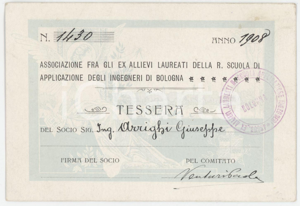 1908 BOLOGNA Associazione ex allievi laureati REGIA SCUOLA INGEGNERI Tessera Tessera d'epoca.  POOR/danneggiato Lievi smussature agli angoli, profonda piegatura verticale Formato: 10x6 cm originale e autentica 1