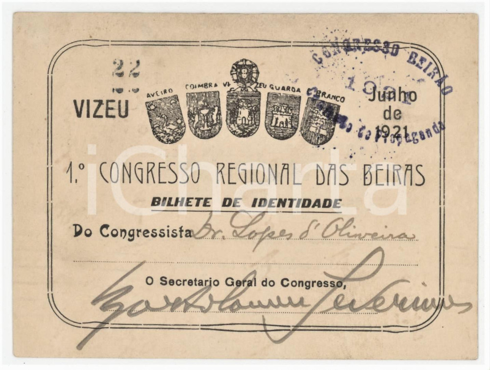 1921 PORTUGAL - 1° Congresso Regional das BEIRAS Bilhete de identidade 11x8 cm Tessera d'epoca.  FAIR/discreto Lievi bruniture Formato: 11x8 cm originale e autentica 1