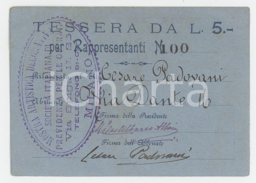 1910 ca MILANO Mostra artistica decorativa - Tessera per rappresentanti 10x7 cm Tessera d'epoca.  FAIR/discreto Lievi smussature agli angoli Formato: 10x7 cm originale e autentica 1