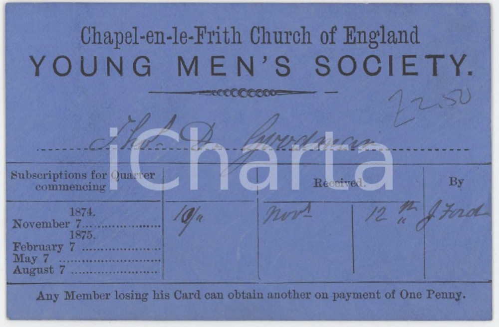 1874 CHAPEL-EN-LE-FRITH Church of England - Young men's society - Tessera 9x6 cm Tessera d'epoca.  FAIR/discreto Lievi smussature agli angoli Formato: 9x6 cm originale e autentica 1