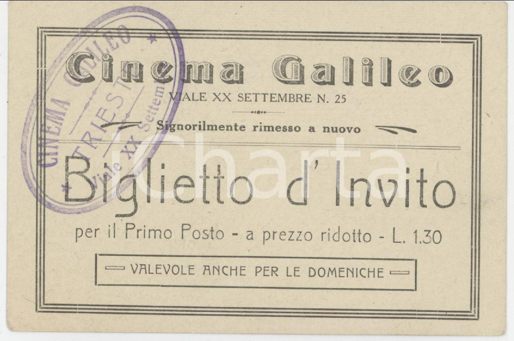 1915 ca TRIESTE Cinema Galileo *Biglietto d'invito 10x7 cm Tessera d'epoca.  FAIR/discreto Lievi smussature agli angoli Formato: 10x7 cm originale e autentica 1