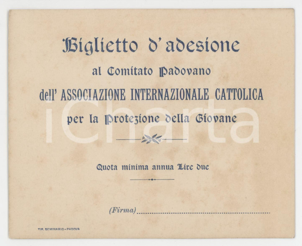 1900 ca PADOVA Associazione cattolica per la protezione della giovane - Tessera Tessera d'epoca.  FAIR/discreto Bruniture diffuse Formato: 11x9 cm originale e autentica 1