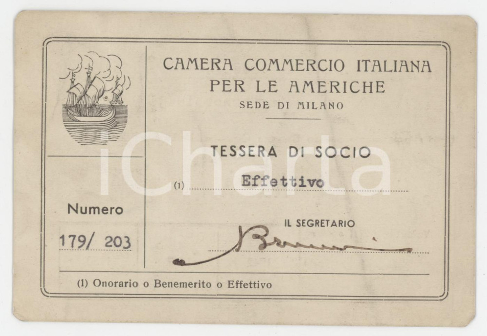 1946 MILANO Camera commercio italiana per le Americhe - Tessera 11x7 cm Tessera d'epoca.  FAIR/discreto Lievi gualciture Formato: 11x7 cm originale e autentica 1