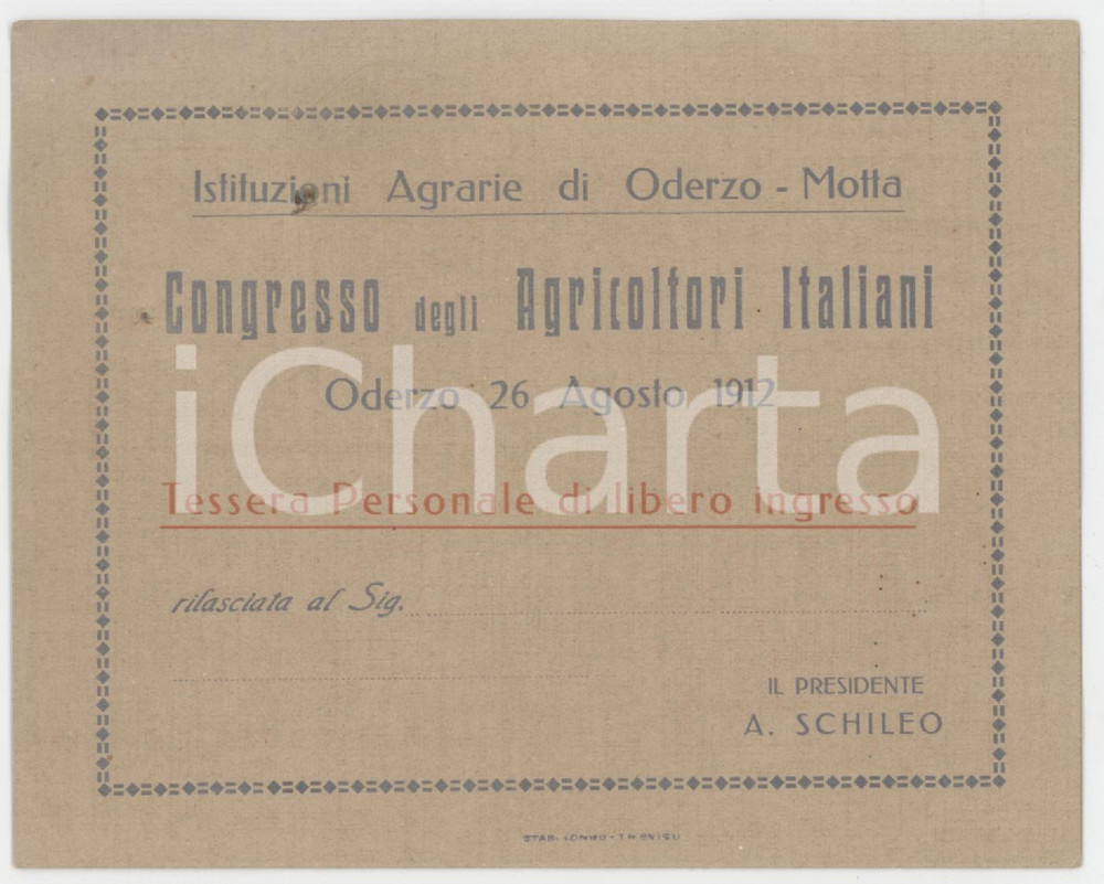 1912 ISTITUZION AGRARIE DI ODERZO - MOTTA Congresso agricoltori - Tessera 11x9 Tessera d'epoca.  FAIR/discreto Forellino al margine superiore Formato: 11x9 cm originale e autentica 1