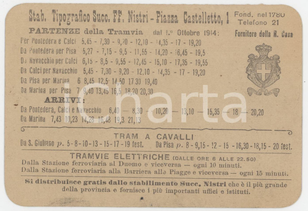 1890 ca PISA Tipografia FF. NISTRI Orari treni e tramvie - Tessera 11x8 cm Tessera d'epoca.  FAIR/discreto Lievi bruniture Formato: 11x8 cm originale e autentica 1