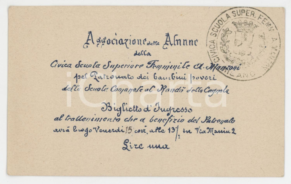 1920 ca MILANO Scuola superiore femminile "A. Manzoni" - Tessera Ass. Alunne Tessera d'epoca.  FAIR/discreto Lievi smussature agli angoli Formato: 12x7 cm originale e autentica 1
