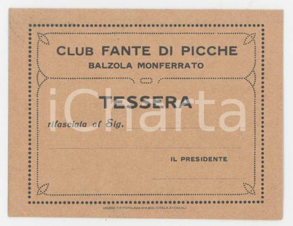 1920 ca BALZOLA MONFERRATO Club "Fante di picche" - Tessera 9x7 cm Tessera d'epoca.  FAIR/discreto Lievi smussature agli angoli Formato: 9x7 cm originale e autentica 1